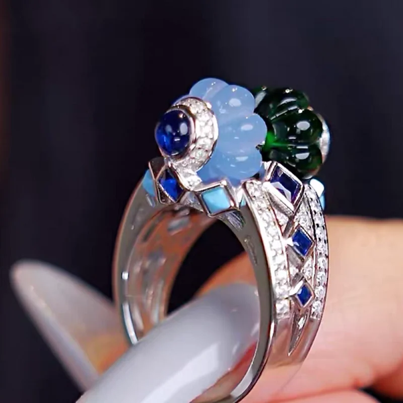

ARIGAYA стерлингового серебра 925 пробы, синий сапфир, углеродный бриллиант, изумрудно-зеленый драгоценный камень, фонарь, кольца с фруктами, ювелирные изделия для женщин, вечерние