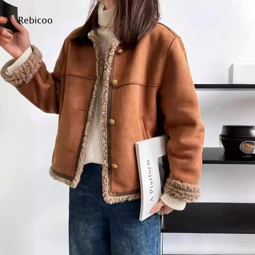 Button Front Sherpa Lined Short Jacket For Women Fleece Trim Cuff And Hem Long Sleeve Outer Coat For Cold Weather Days