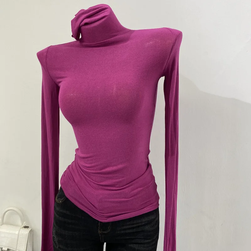 Dünnes, weiches amerikanisches Langarm-T-Shirt mit hohem gestapeltem Ausschnitt, enge Perspektive, Unterhemd für Damen, Slim-Fit-Tops, sexy Streetwear – Detail 8