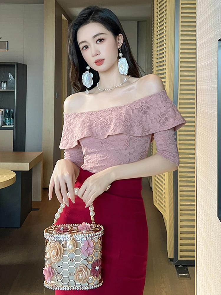 Tees 2023 Elegant Sweet Pink Blouse Hook Floral Off Shoulder Short Tops Outfits Women Ruffles Sexy T-Shirts Party Club Clothes