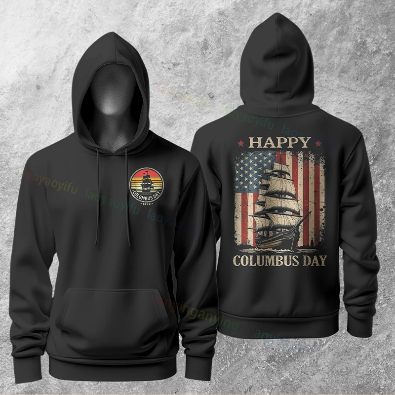 Sudaderas con capucha con estampado de barco de vela de Columbus Retro Vintage para hombre y mujer, jersey de manga larga, sudadera informal con capucha, ropa temática de calle