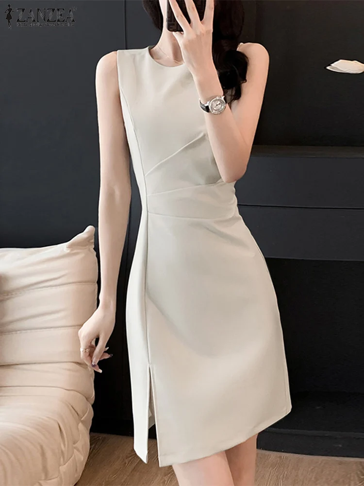 ZANZEA 2024 Elegant Mini Dress Summer Women Sleeveless O-neck Tank Dress Fashion Draped Short Robes Office Slit Hem Vestidos