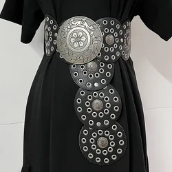 9.5CM extra wide round hollow metal belt Fashion exaggerated Western cowboy style personality belt Retro women dress belt