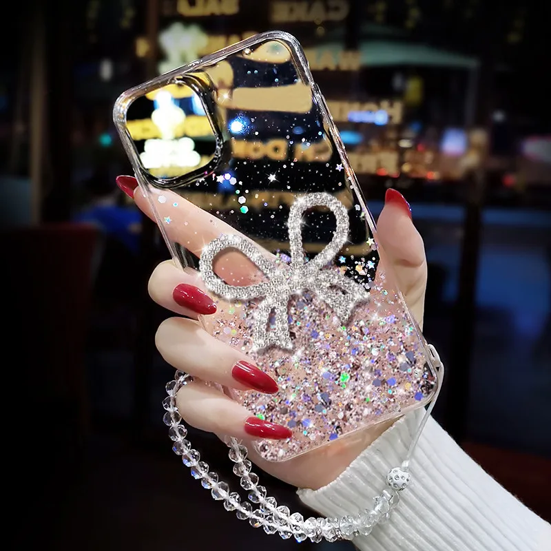 Diamond Bow Cover For Xiaomi mi 13 lite mi13t mi12t mi11t mi 11 lite Glitter Wrist bracelet Phone Case mi10 POCO X3 M3 F3 F2Pro