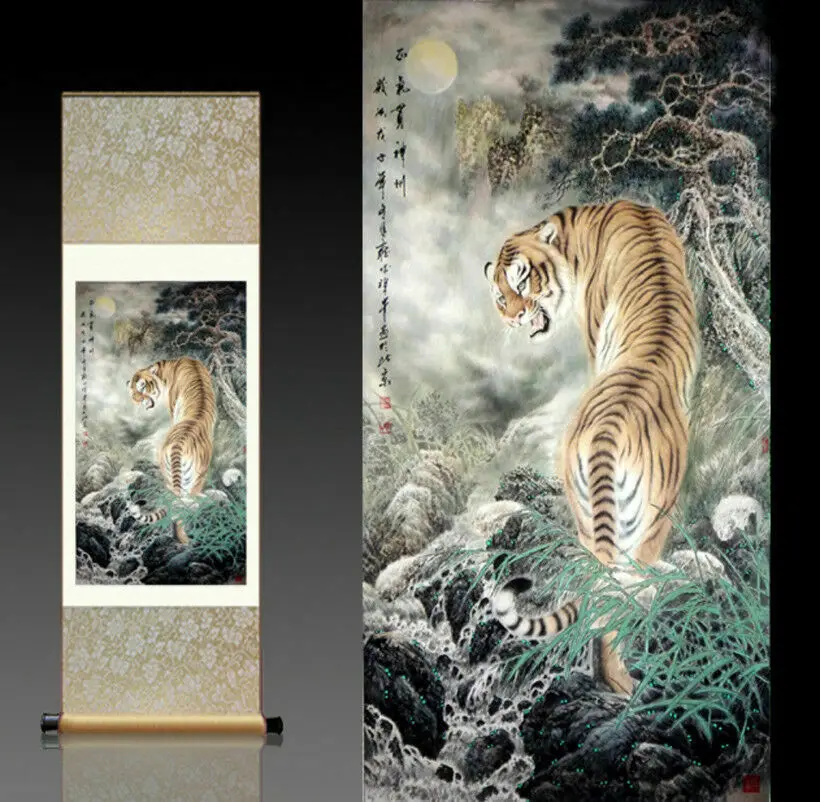 

Chinese Silk Scroll Painting Tiger Home Office Decoration room decor