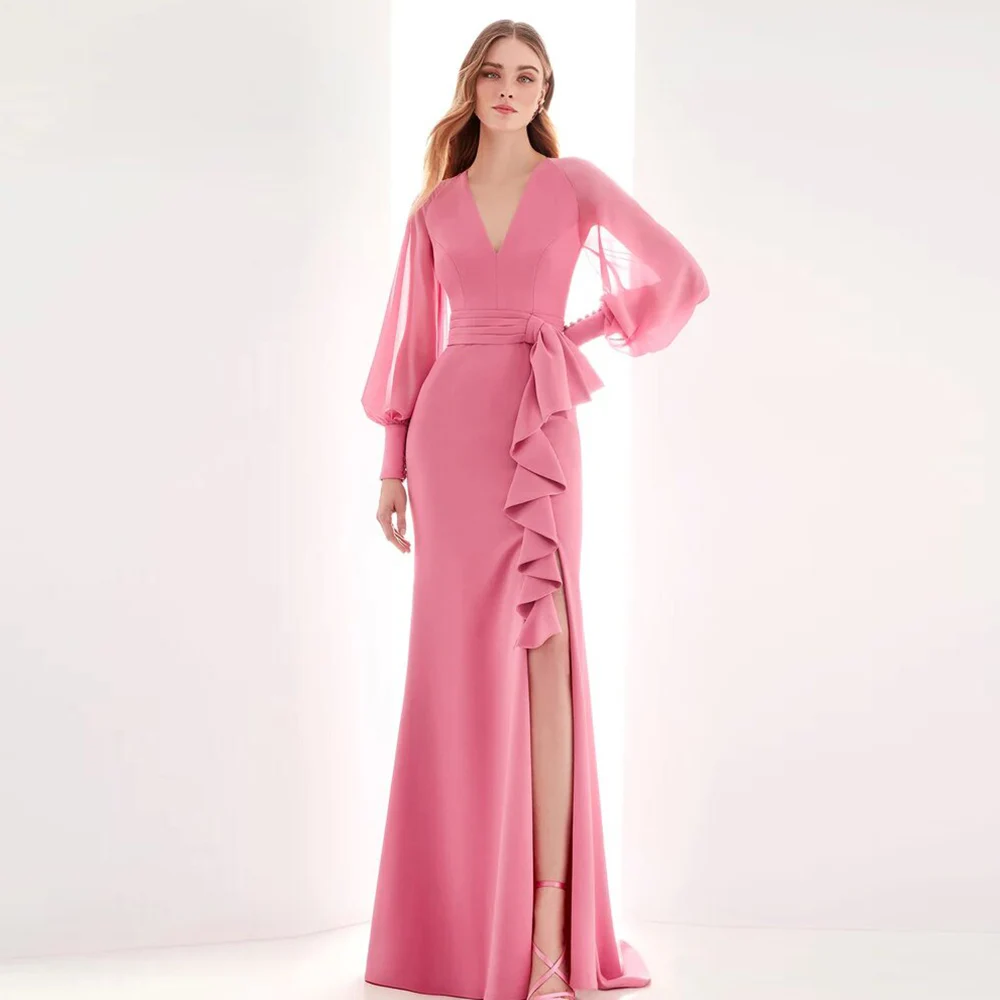 

Classic Bespoke Occasion Gown Pink Ruffles Button Side Fork Mermaid Women's Evening Gowns V-neck Floor Length Wedding Guest Gown