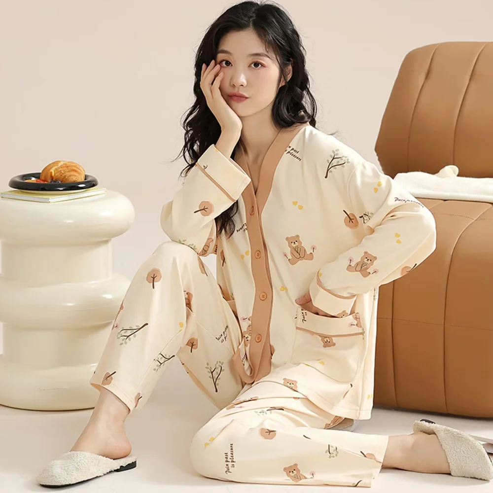 Pyjama Sets Vrouwen Casual Baggy Zachte V-Hals Nachtkleding Zoete Print Elegante College Girls Ulzzang Mode All-Match Homewear Zacht