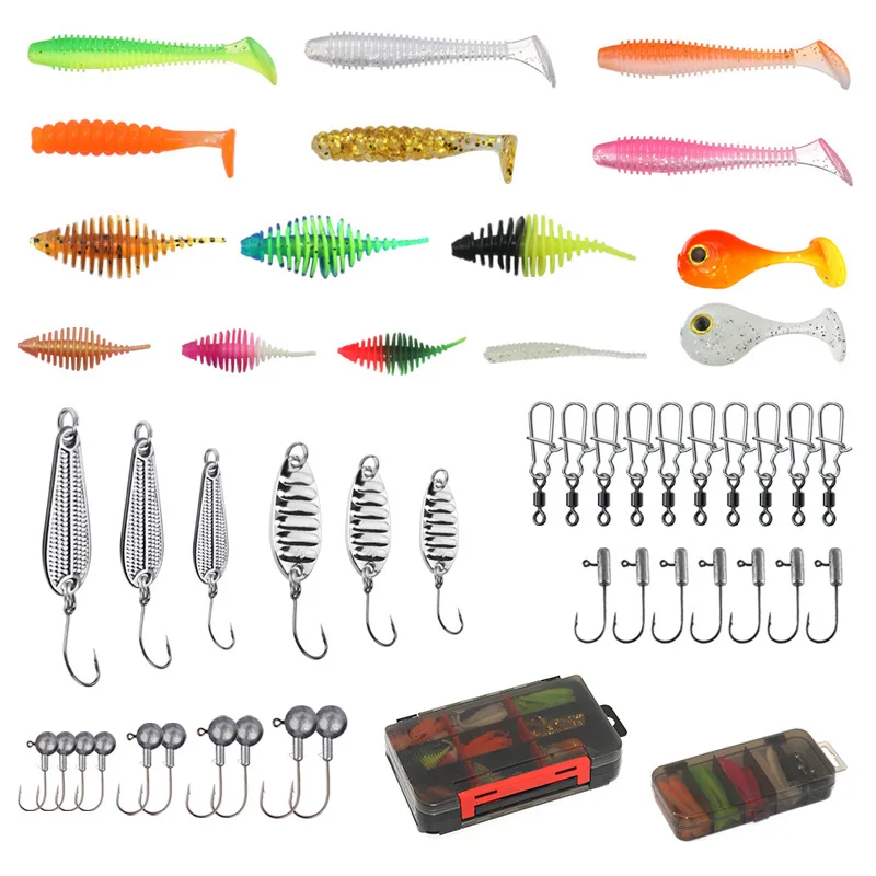 

75pcs/35pcs T-tail Softbait Fishing Spinnerbait Set Horse Mouth Sequins Softbait ComboMulti Silicone Soft Fishing Lure Bait Jig