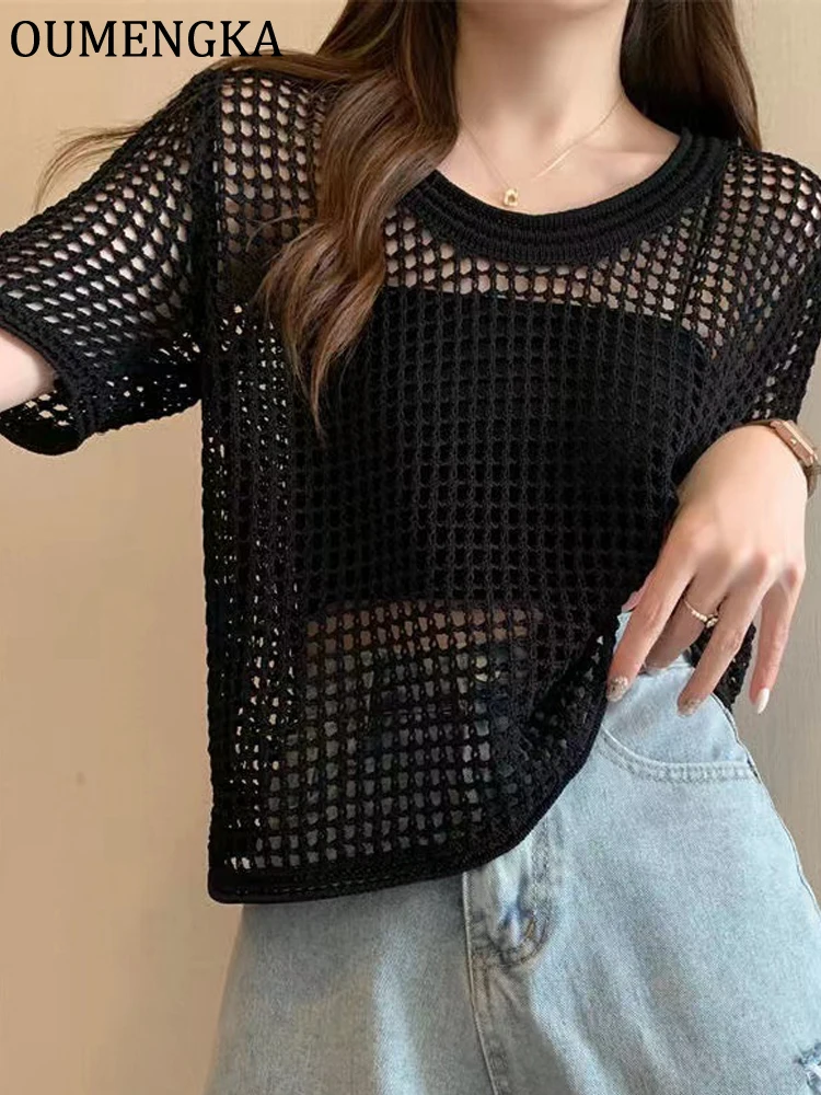 OUMENGKA Women's Loose Casual Solid Color Crop T-Shirt  Round Neck Hollow Out Short Sleeve Knitted Top For Summer