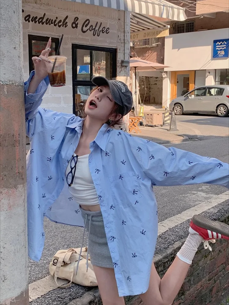 

Blue Loose Women's Shirt Sun Protection Spring New Style Elegant French Style Outerwear by Red Celebrity Club Polo Collar