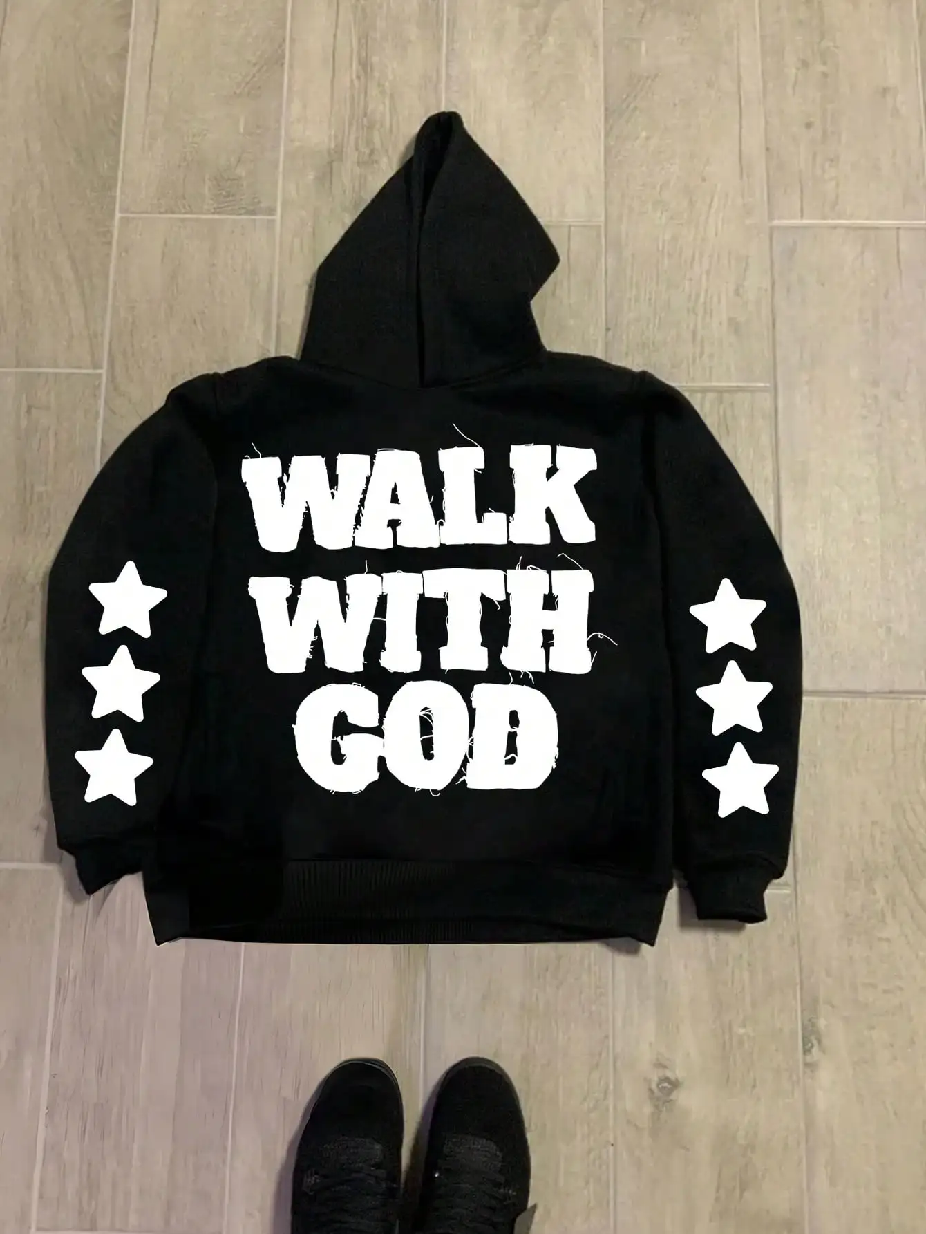 Sweat à capuche imprimé Walk With God pour femmes, Design à manches étoiles, sweat-shirt décontracté d'automne