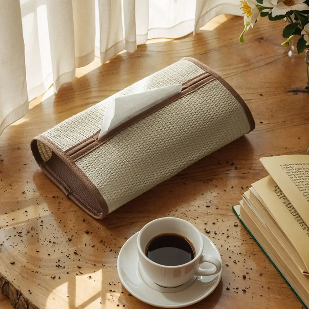 

Rectangle Shape Woven Tissue Box High-End Ornament PU Leather Facial Tissue Dispenser Large Capacity Decorative