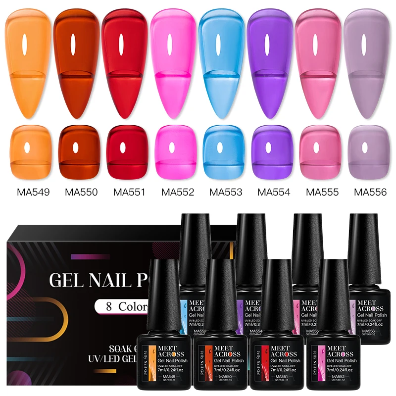 MEET ACROSS 8 Teile/schachtel Gelee Gel Nagellack Set Gelee Grün Rosa Orange Candy Farbe Gel Transparent Nail art Lack Nägel