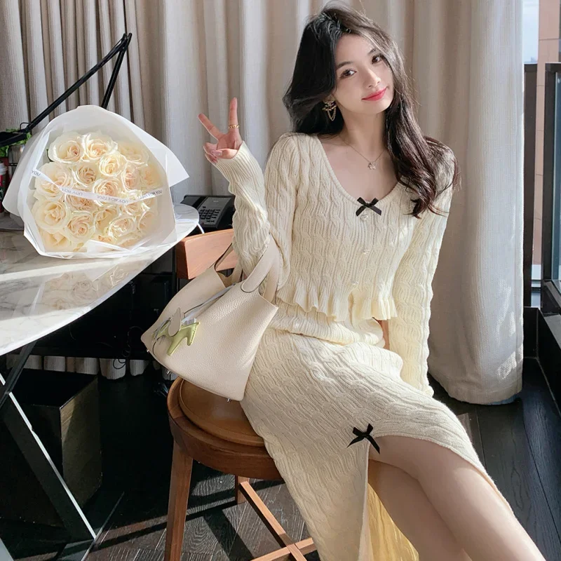 

Women's Spring Autumn SetOutfits 2023 New Fashion Elegant Knitwear Sweater Temperament Celebrity Split Long Dress Two Piece Set