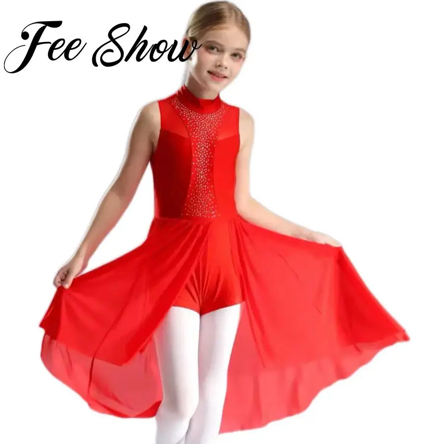 

Sparkly Rhinestone Lyrical Dance Dress for Girls Kids Figure Skating Costume Ballet Dancewear Sleeveless Asymmetrical Hem Dress