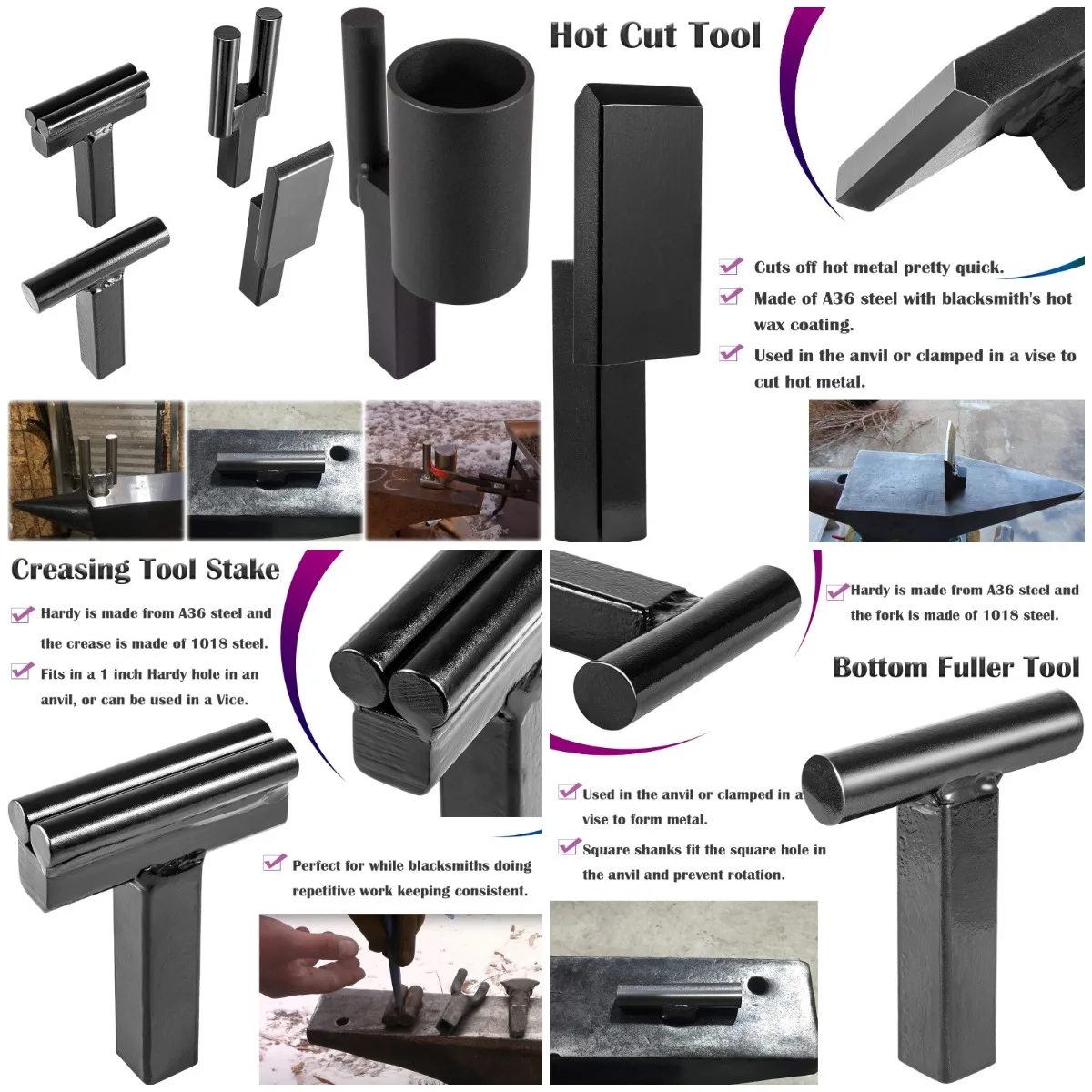 

5PCS Blacksmith Anvil Hardy Tool Set: 1' Hot Cut, Creasing Stake, Fuller, Fork, Bending & Welding Jig