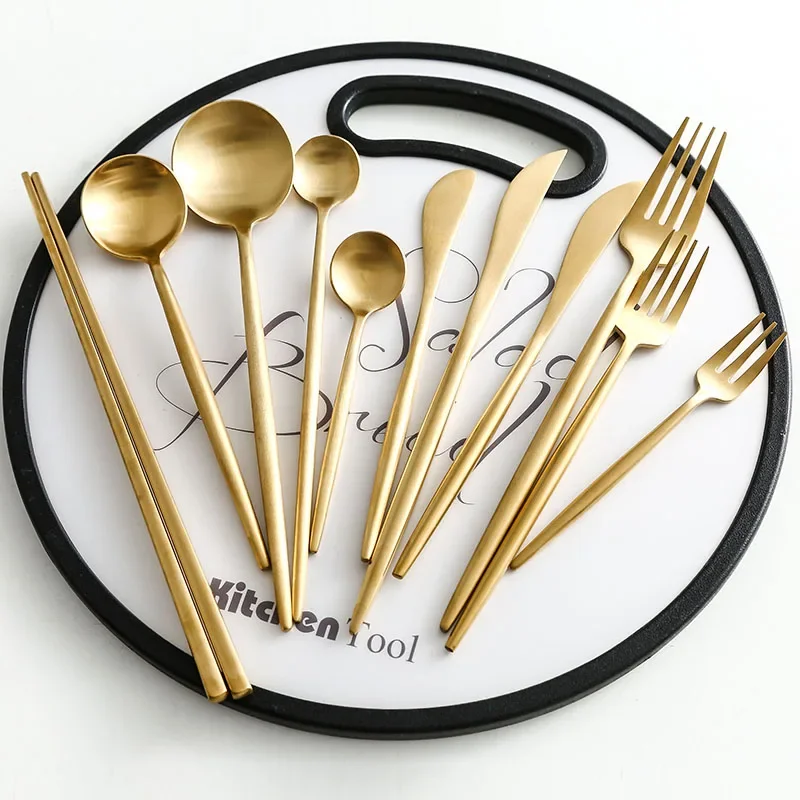 Matte Gold 18/10 Stainless Steel Luxury Cutlery Dinnerware Tableware Knife Spoon Fork Chopsticks Flatware Set Dishwasher Safe