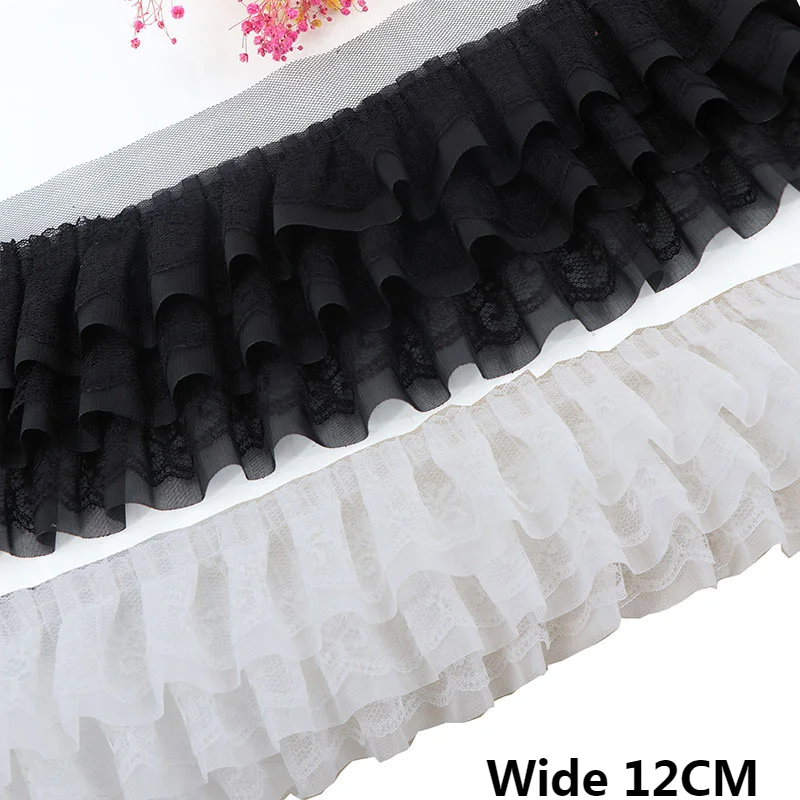 Tissu en mousseline de soie plissée blanche et noire, 3 couches, ruban brodé, rideaux en dentelle à volants, ourlet de robe, décor de couture bricolage, 12cm de large