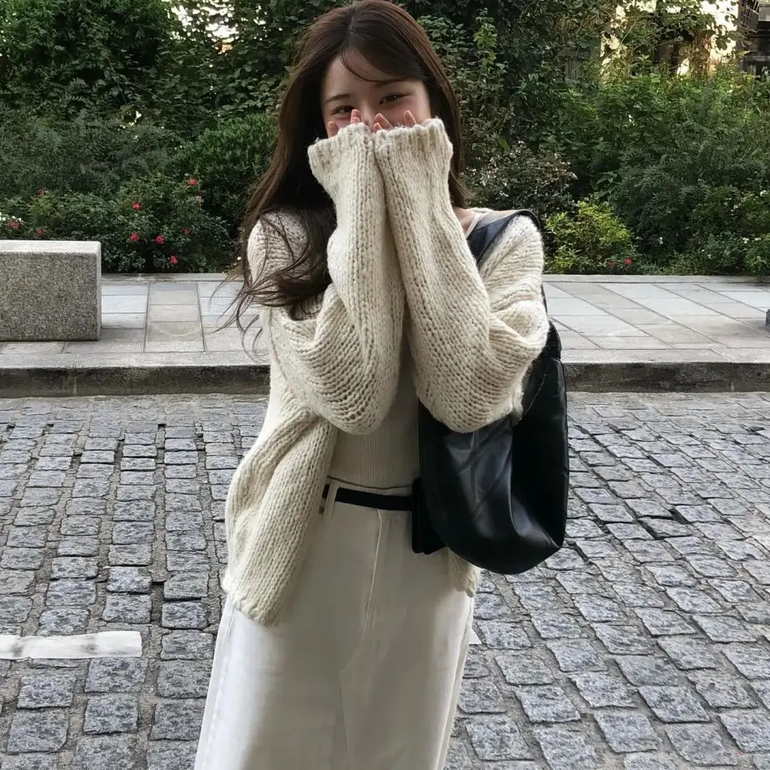 

mat Korean Sle Pure Color Slim Fit Knitted Open Cardigan Coat Ounce2025 Autumn Casual Long Sve V-Ne Women's Out...