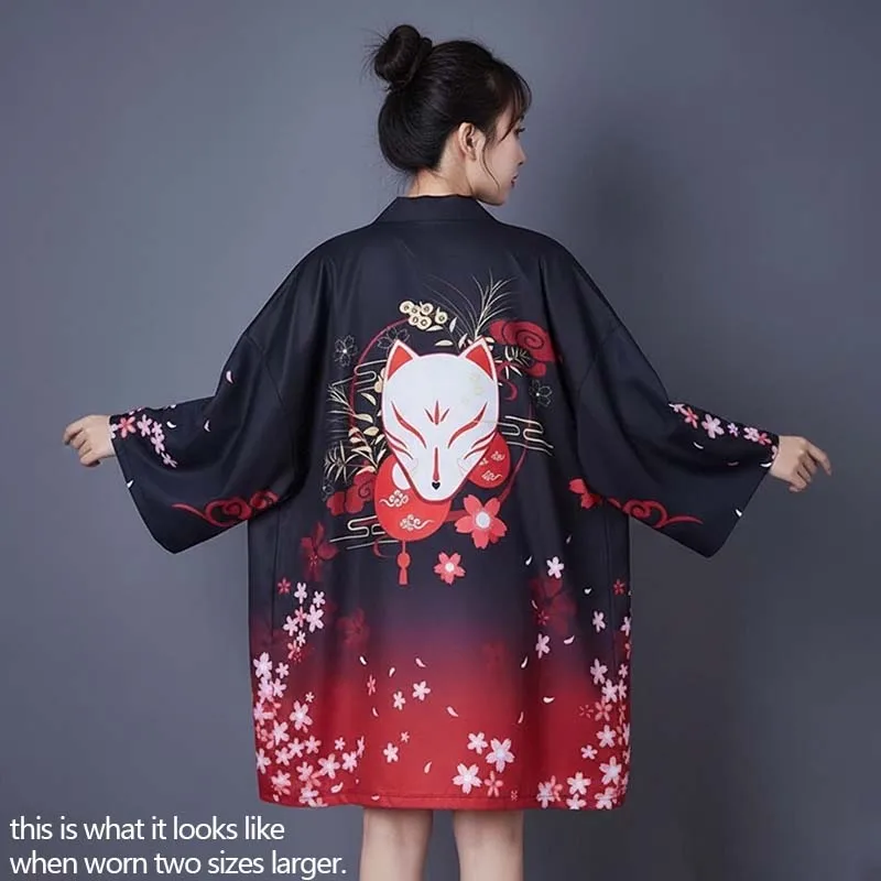 Men Harajuku Japanese Fox Cherry Blossom Kimono Haori Shirts Traditional Yukata Cardigan Lightweight Open Front Streetwear Coat