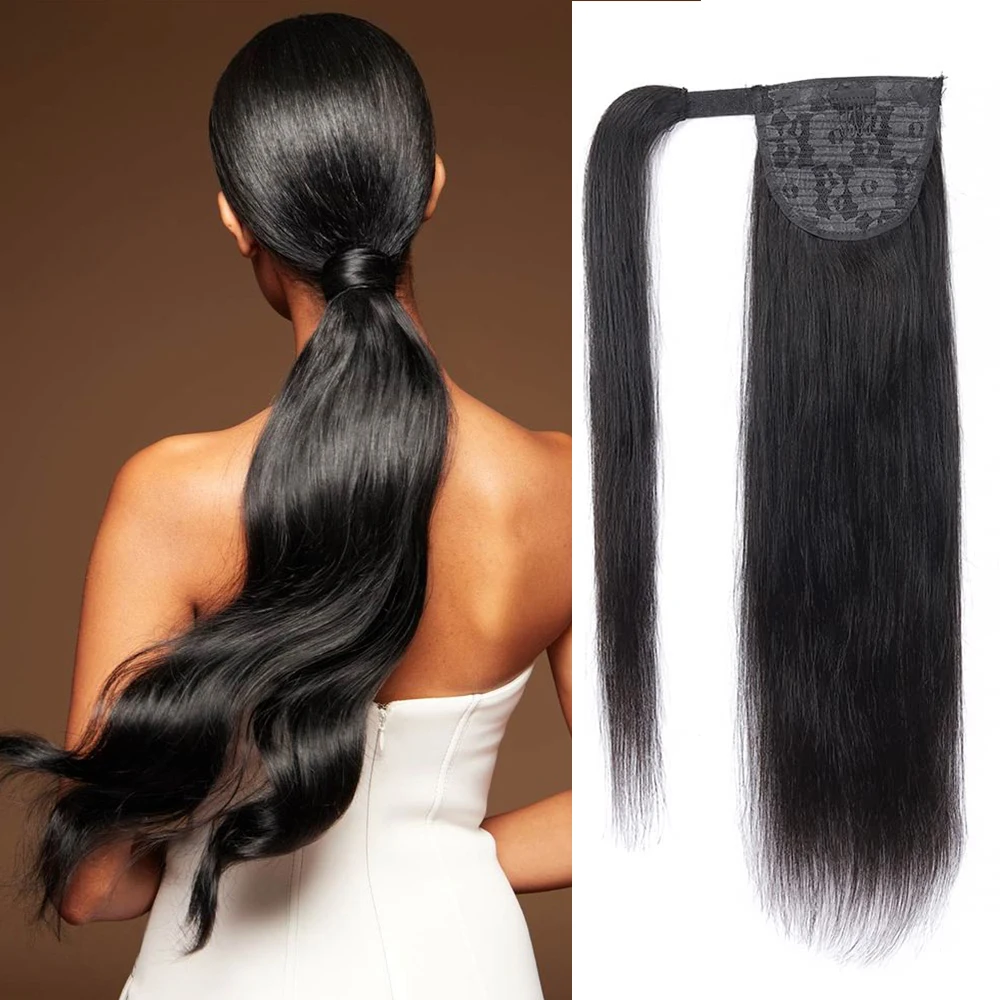 

Конский хвост, человеческие длинные прямые волосы, обертывание вокруг наращивания волос Remy, бразильские волосы, клипсы, натуральный цвет, шиньон