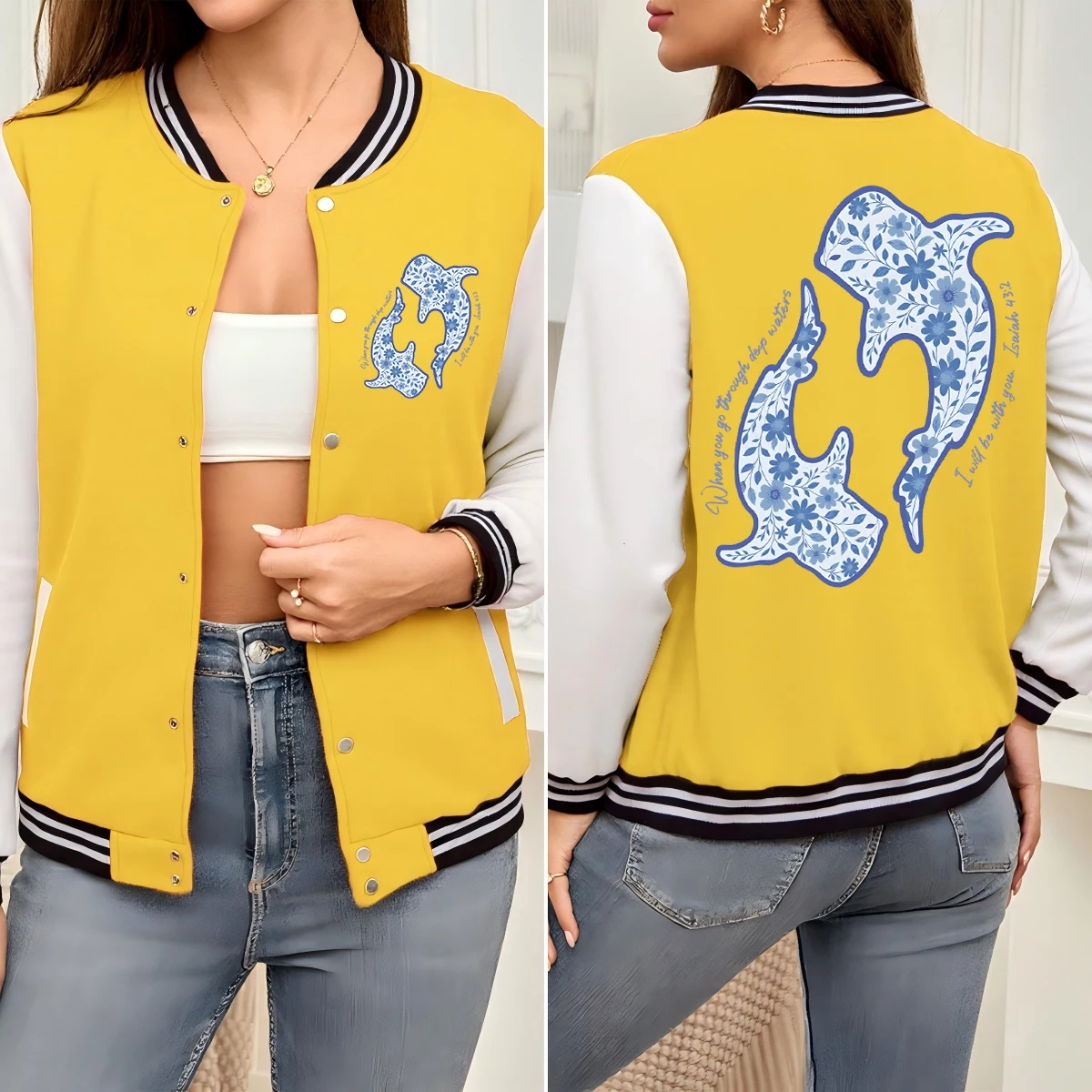 

Beautiful Flower Ocean Whale Design Women Baseball Uniform Hip Hop Cotton Jacket Soft Loose Streetwear Autumn Colorful Clothes