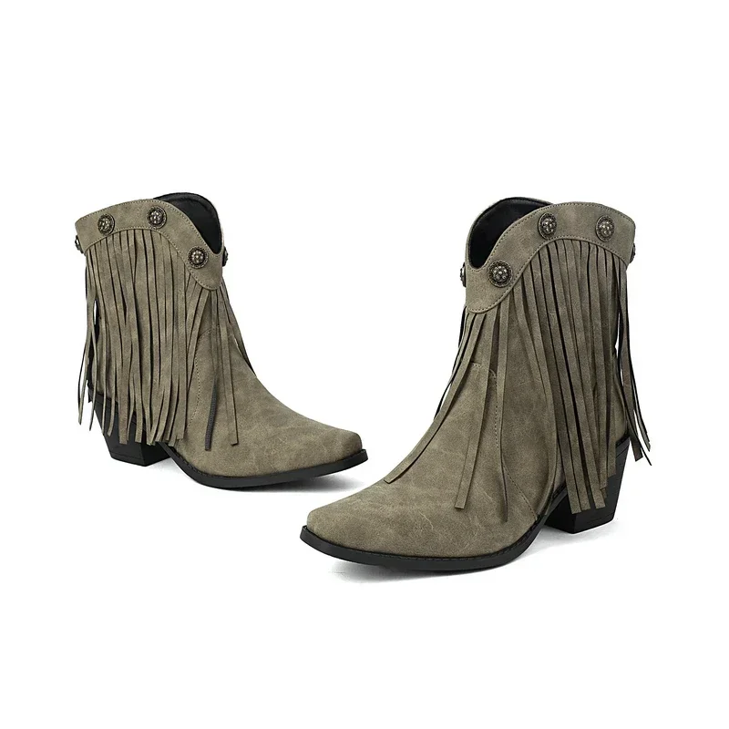 

Pointed Toe Cowboy Boots for Women Chunky High Heels Western Ladies Winter Shoes With Tassels Fringes Motorcycle Botines Size 47