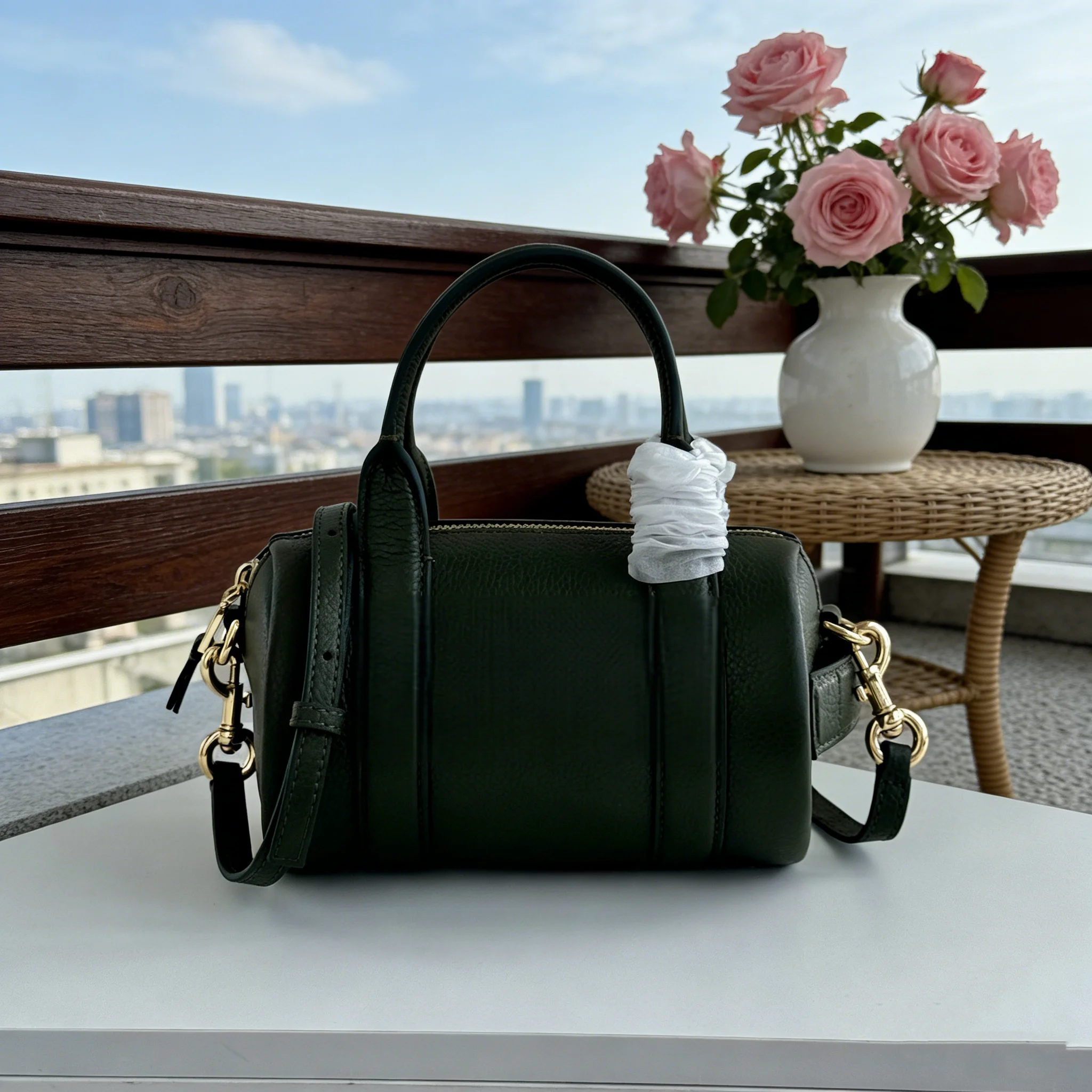 

Dark Green Pebbled Leather Barrel Bag New Model Retro Design