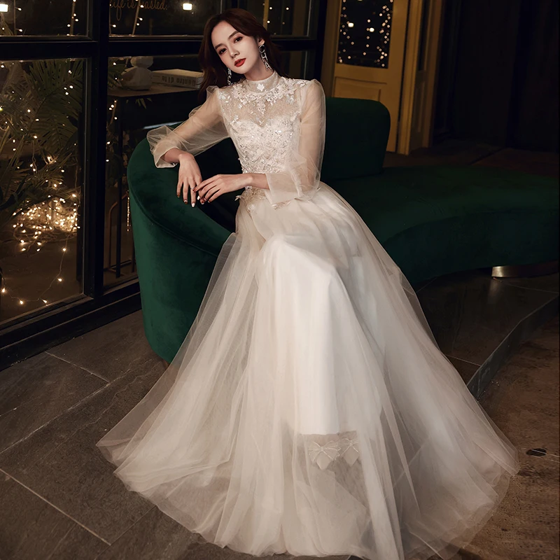 Robe de soiree 2025 New O Neck Champagne Transparent Lace Embroidery A-line Long evening Dress Vestido de festa Prom Dresses