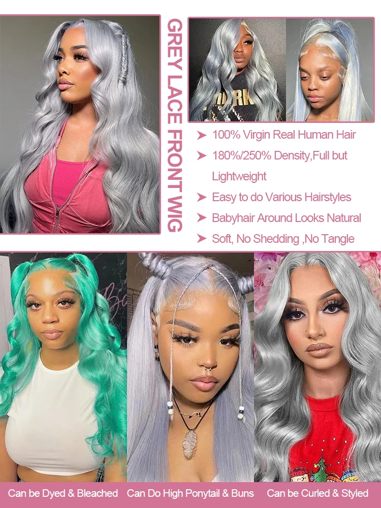 30 40 Inch Silver Grey Colored Body Wave Human Hair 13x6 HD Lace Frontal Wigs 250% Density Lace Front Wig For Women Pre Plucked image 4