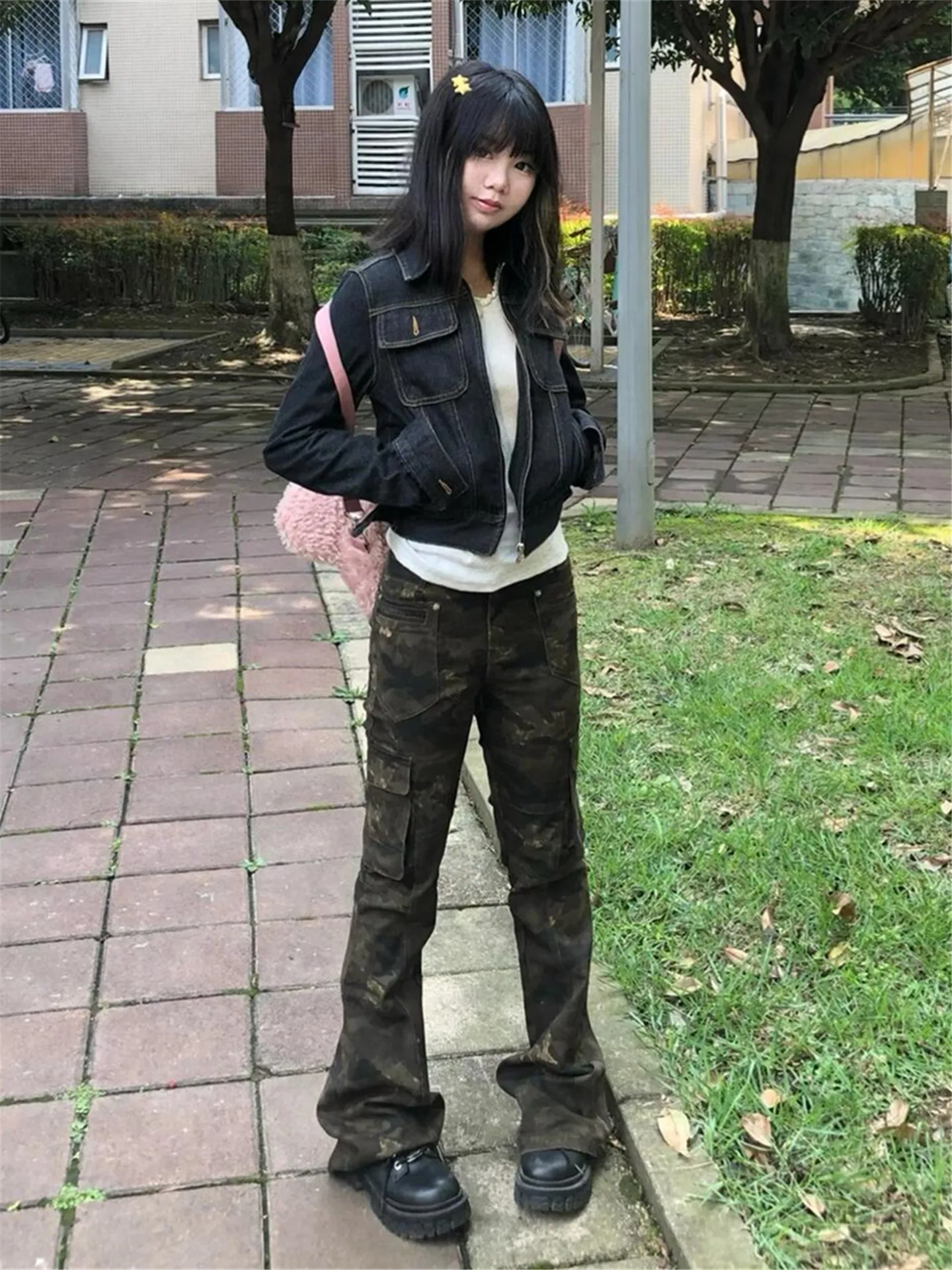 

Retro American Streetwear Camouflage Flared Jeans Women's Slim Fit Low Waist Elastic Multi-Pocket Workwear Cotton Denim
