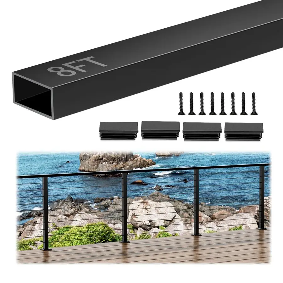 

Алюминиевые черные перила, 1 упаковка, прямоугольная поручня с плоским верхом, для прибрежных проектов, перила на палубе, квадратная труба с верхней рельсой