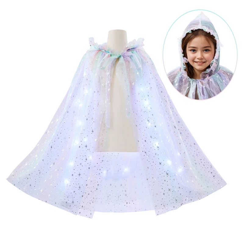 Magical Rainbow Princess Cloak With LED Soft Tulle Costume Cape For Girls Cosplay Event Party Accessories Cloak