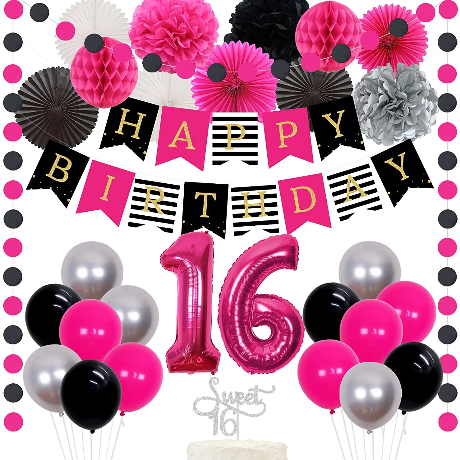 

16th Birthday Decorations for Girls Hot Pink and Black Happy Birthday Bunting Banner Paper Fans Pom Poms Sweet 16 Party Supplies