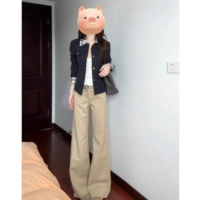Khaki Low-rise Straight-leg Jeans for Women's Autumn Without Legs, Loose and Thin Flared Pants, Spice Girl Drape Trousers