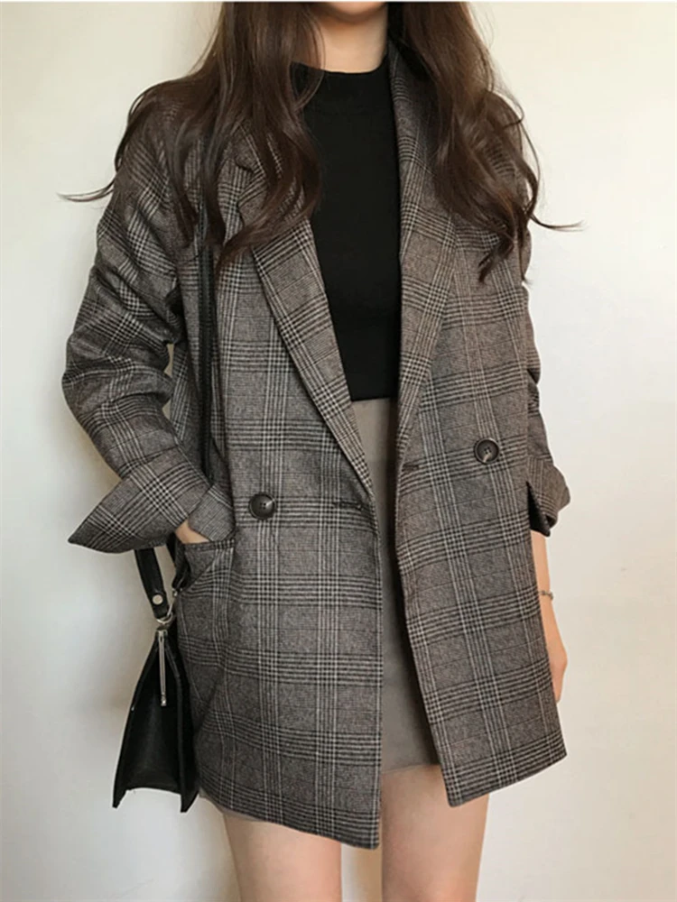 Colorfaith-chaquetas formales a cuadros para mujer, chaquetas con bolsillos de doble botonadura, prendas de vestir exteriores para invierno y