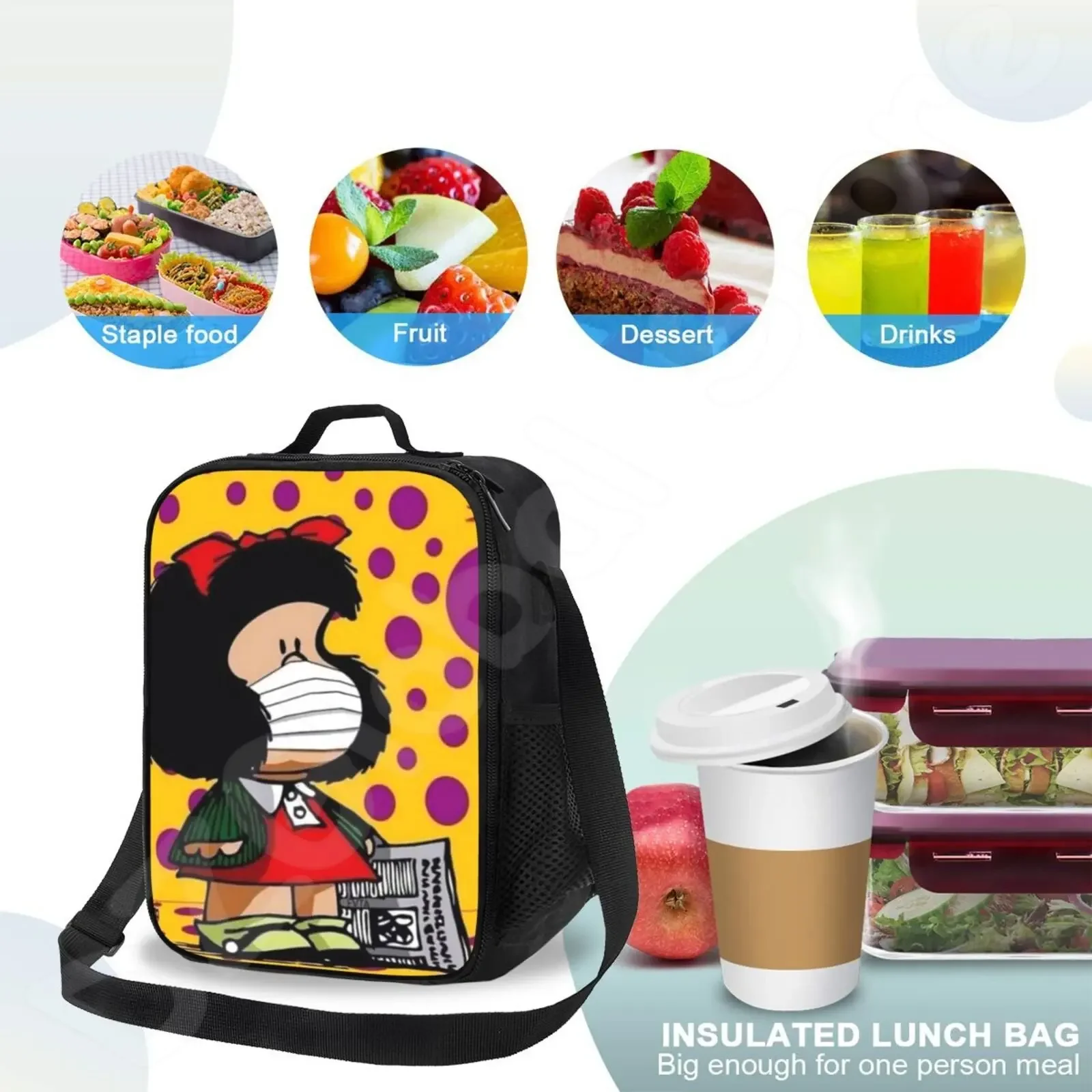 Mafalda Lunch Bag Insulated Meal Bag Cartoon Print Portable Lunch Box for School Work Picnic Tote Food Container for Boys Girls
