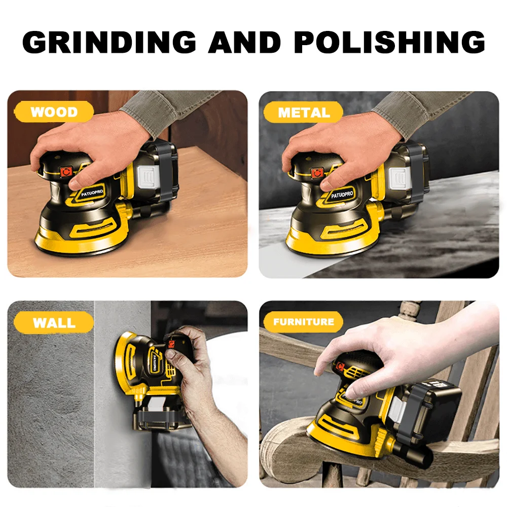 PATUOPRO 125MM Random-Orbit Sander 3-Speed Cordless Brushless Electric Sander Furniture Grinding Machine Fit Makita 18V Battery