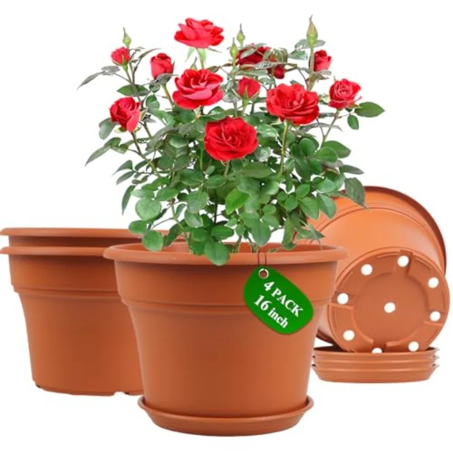 

16 inch indoor/outdoor plastic flower pot set, resin material, black color, includes drainage holes and saucers for optimal pla