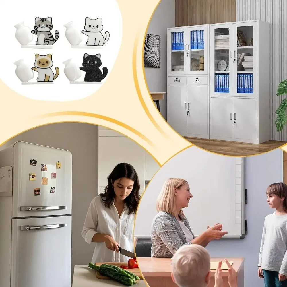 Acrylic Cat Whiskers Collection Ornaments Magnetic Cartoon Cat Refrigerator Sticker Cat Pushing Vase Decor for Home Decoration