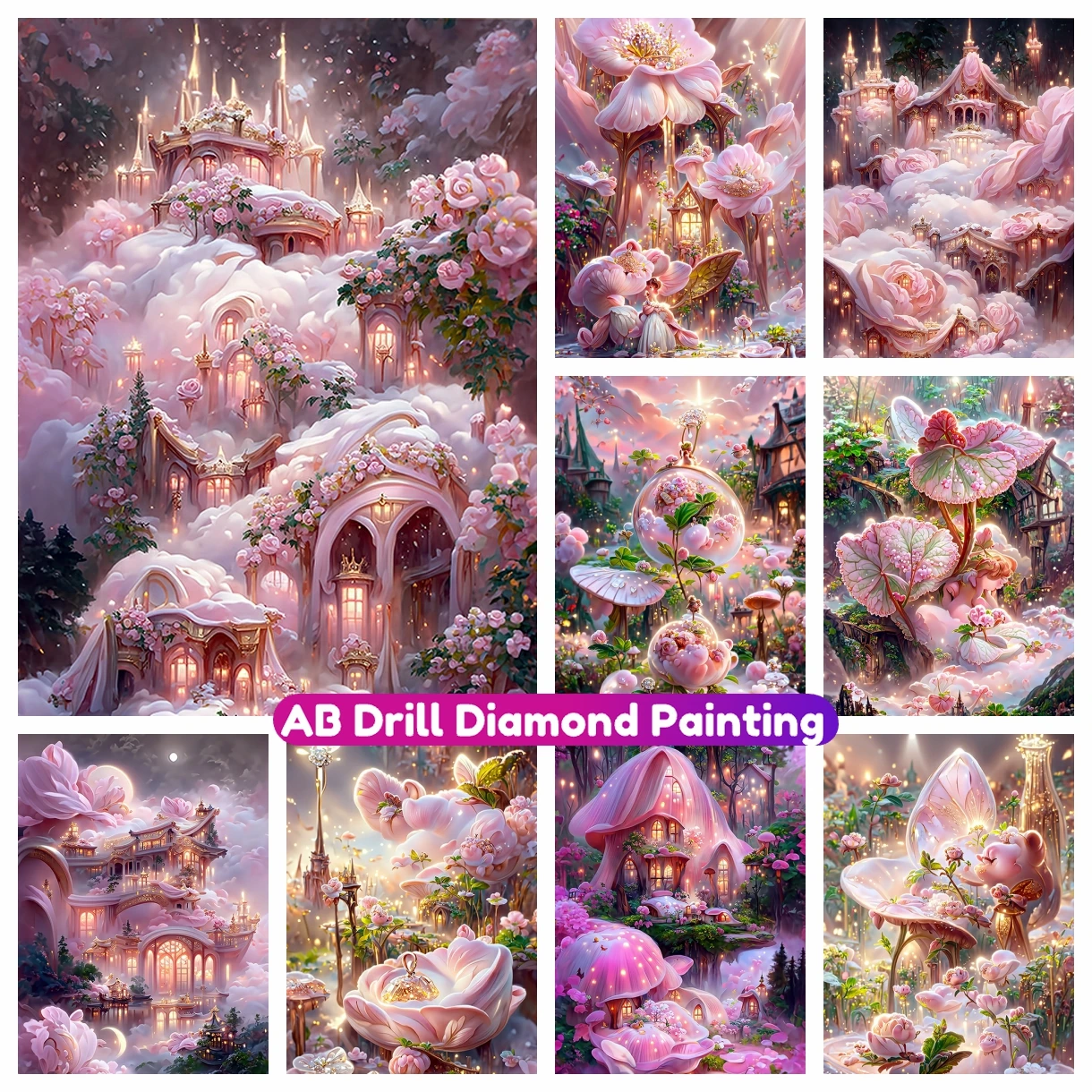 

Dream Garden Flower Castle AB Diamond Painting Pink Landscape Mosaic Embroidery 5D DIY Rhinestone Cross Stitch Kit Home Decor