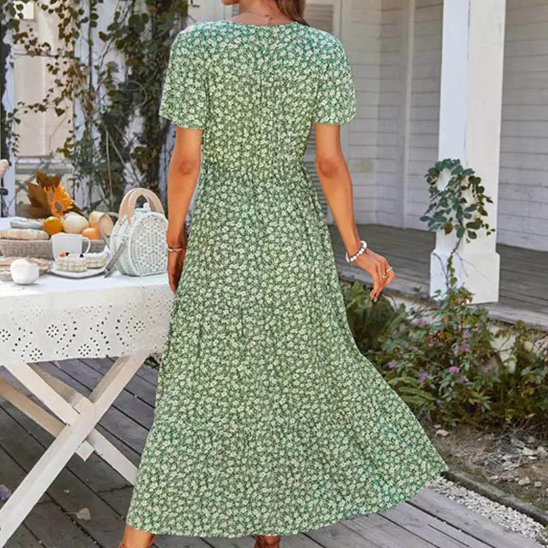 Vintage Floral Dresses for Women Elegant Loose New Slit Dress Summer Beach Holiday Leisure Long Dresses High Waist Print Vestido