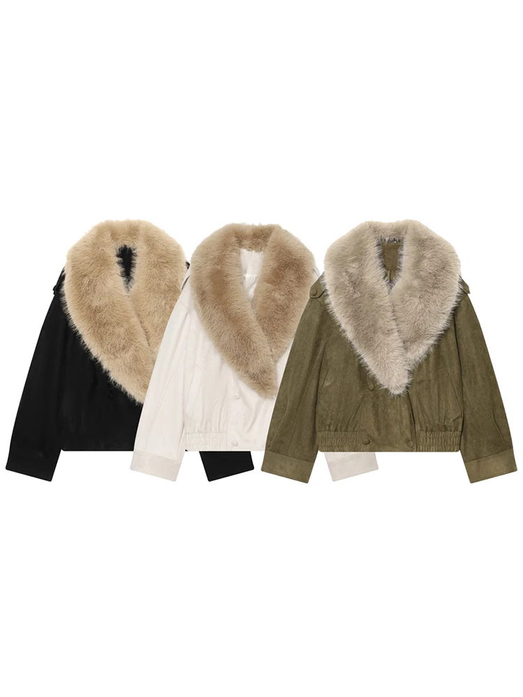 HH Vintage Winter 2026 Women’s Faux Fur Suede Jacket Fashion Female Fur Oversized Collar Double-Breasted Texture Street Coat