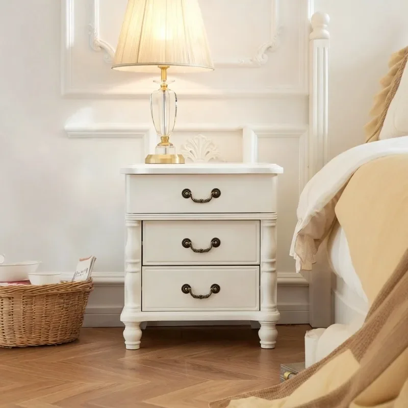 American Egg Milk White All Solid Wood Bedside Table Xiaomei Style Walnut Log Three Drawer Bedroom Locker