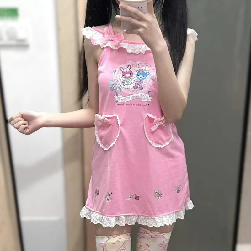 Pink Sweet Lolita Style Dress Women Bow Rabbit Bear Print Kawaii Party Mini Dresses Female Korean Fashion Princess Dress Summer