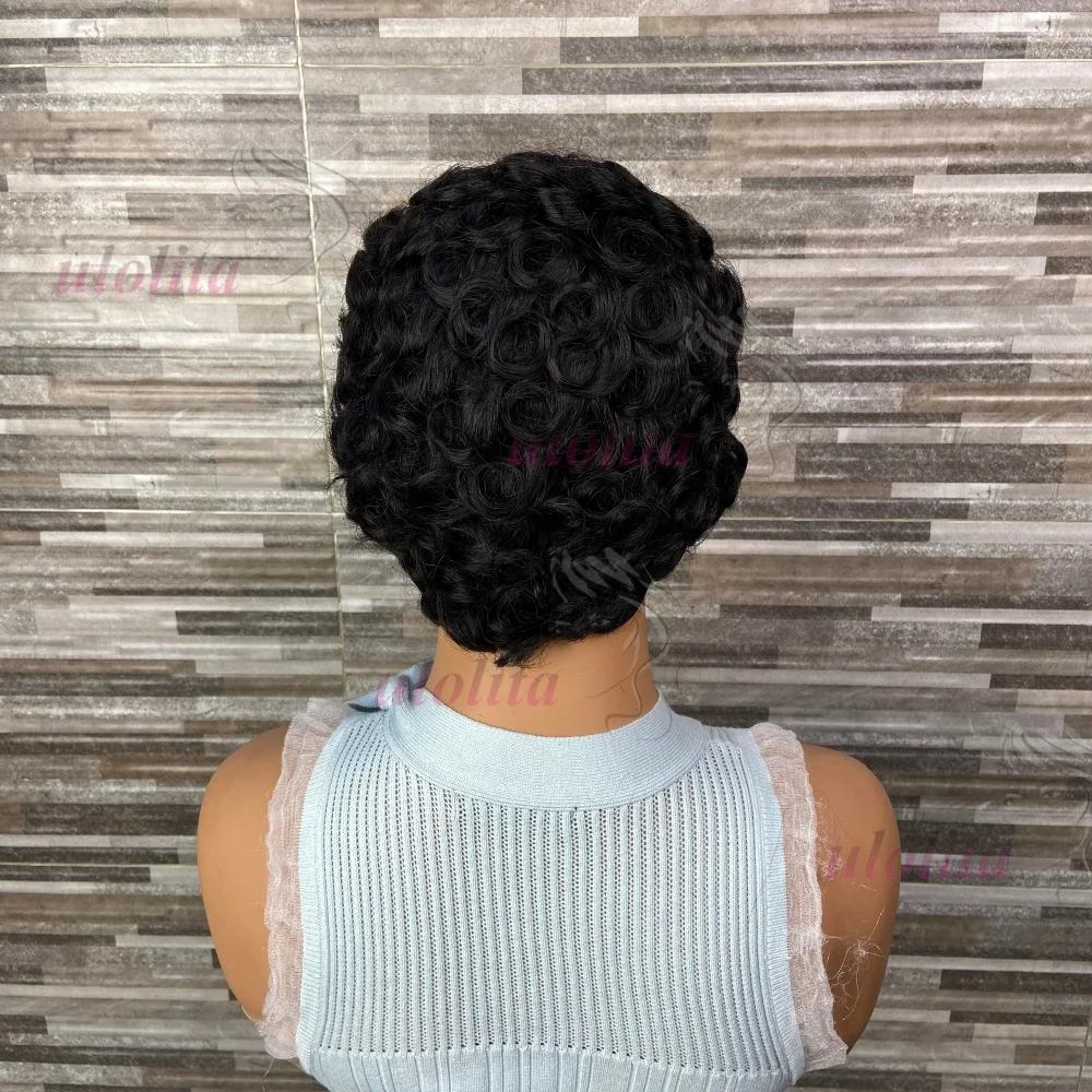 Lockige Pixie-Cut-Perücken, kurze Echthaarperücke für schwarze Frauen, natürliche schwarze gewellte Bob-Perücke, kleberlose Perücke, Remy-Haar, vollständig maschinell gefertigte Perücke – Detail 5