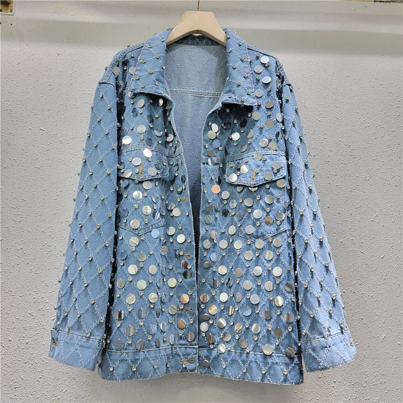 

SuperAen Diamond Sequin Denim Jacket for Women Spring and Autumn 2024 New Diamond Top with High-end Denim Jacket