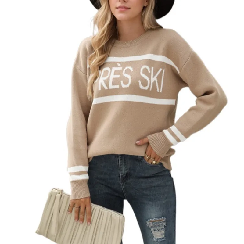 

Women's Autumn And Winter New Crew-neck Monogram Jacquard Patchwork Pullover Sweater, Fashion Casual Spell Color Knit Sweater