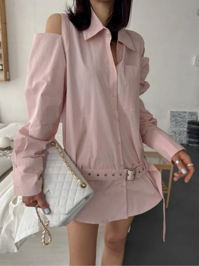 Pink Belted Long Sleeve Shirt Women's Spring Fashion 2026 Waist-Cinching Belted Shoulder-baring Top Korean Style Regular Fit