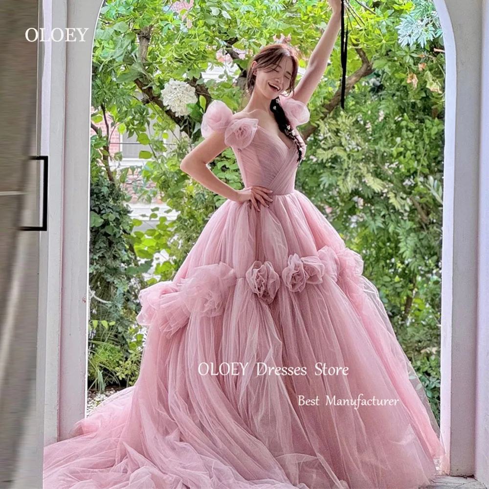 

OLOEY Elegant Blush Pink Tulle Evening Dresses Korea Wedding Photoshoot 3D Flowers Sweetheart Garden Bride Gowns Formal Party